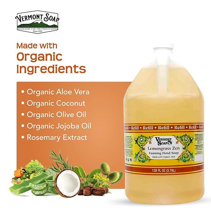 VERMONT SOAP Organics Foaming Hand Soap, Liquid Soap with Pre-diluted Formula - Ready to Use Lemongrass Hand Soap With Convenient and Economical Gallon Refill Size - ModernBath