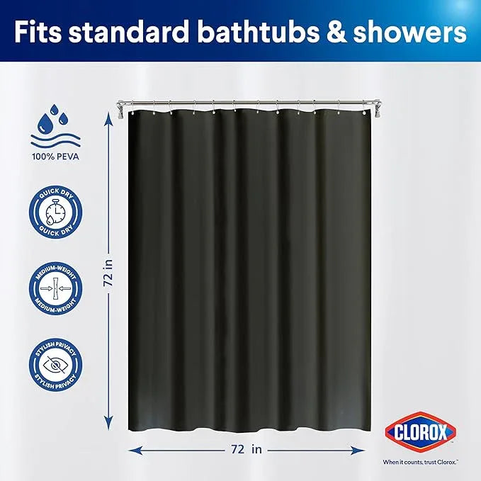 CLOROX Shower Curtain Liner, Premium Medium Weight Flexible Waterproof 6g PEVA for Bathroom with Weighted Magnets, Standard Size 72" x 72", Black 1 Pack - ModernBath