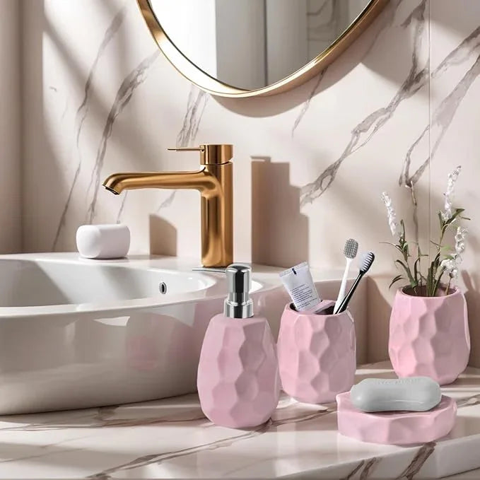 Ceramic Bathroom Accessories Set 4 PCS,Bathroom Toothbrush Holder Set,Soap and Toothbrush Holder Set,Include Toothbrush Holder,Soap Dispenser,Tumbler,Soap Dish,Bathroom Sets Decor Organizer (Pink) - ModernBath