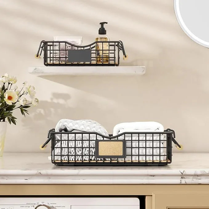 Bathroom Tray and Organizer Basket, 2 Pack Storage Baskets with Wooden Handles, Multipurpose for Bathroom, Coffee Bar, Kitchen cabinet, Living Room - Black - ModernBath