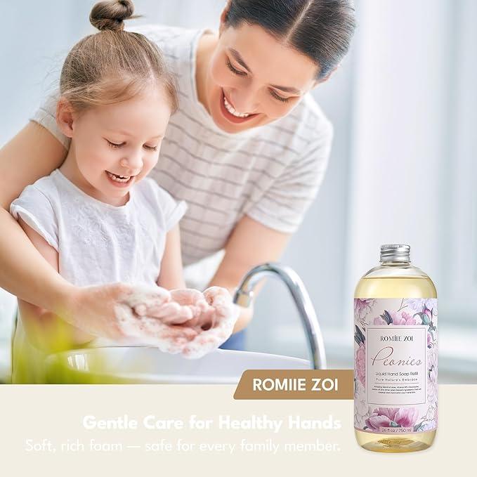 ROMIIE ZOI Liquid Hand Soap Refills Gift Set – Peony Scent – 3 x 26 Fl Oz Bottles – Plant-Based, Non-Toxic, Gentle & Moisturizing Formula with Essential Oils – for Bathroom, Kitchen & Home Gifting - ModernBath