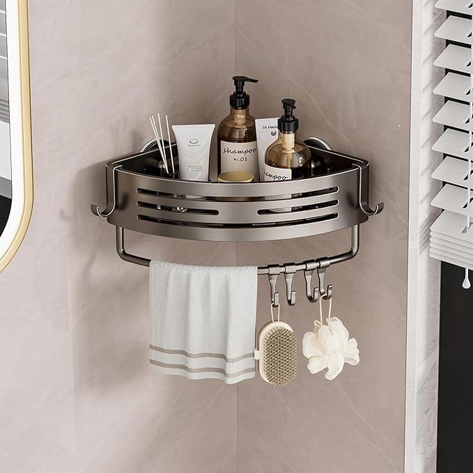 Shower Caddy Suction Cup, No Drilling Rustproof Bathroom Shower Shelf,Corner Shower Shelves with 6 Portable Hooks, Removable Bath Organizer with Towel Bar for Bathroom Hanging Storage(Gray) - ModernBath