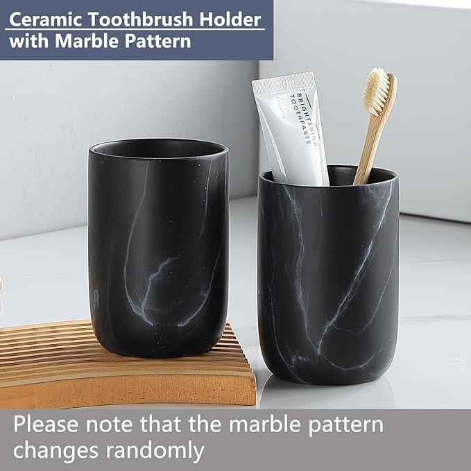 Marble Black Toothbrush Holders for Bathrooms - 2 Cups Ceramic Toothbrush Toothpaste Holders Set, Bathroom Tumbler Cups Reusable Toothbrush Cup Black Mouthwash Cup, Bathroom Counter Organizer - ModernBath