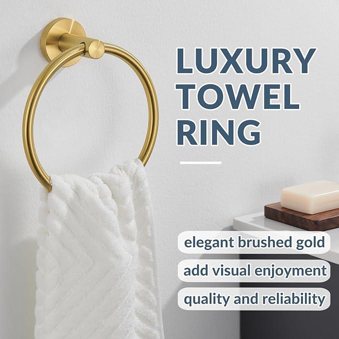 APLusee Brushed Gold Hand Towel Ring, 304 Stainless Steel Flexible Round Towel Holder for Bathroom Kitchen, Wall Mounted - ModernBath