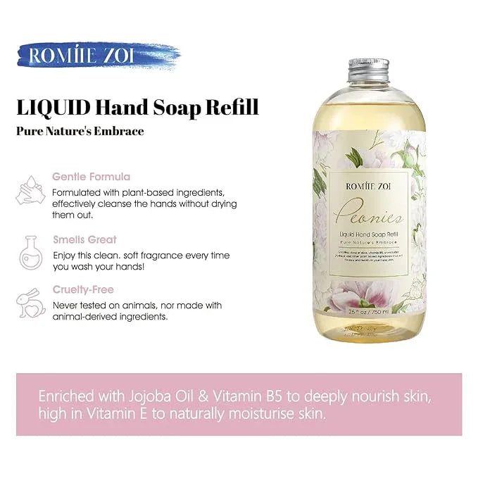 ROMIIE ZOI Liquid Hand Soap Refill, Peony, Gentle & Moisturizing Formula, 750 ML/ 26 FL OZ - ModernBath