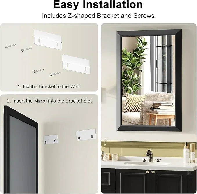 Black Bathroom Mirror for Over Sink, 22x30Inch Thick Anti-Rust Metal Frame, Rectangle Decorative Wall Mirror with HD Tempered Glass Horizontal or Vertical Mount for Vanity, Bedroom, Living Room - ModernBath