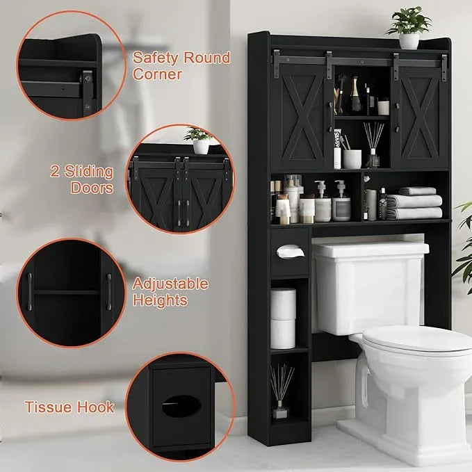 Vabches Over The Toilet Storage Cabinet, Farmhouse Storage Cabinet Over Toilet with Sliding Doors & Toilet Paper Holder Stand，Home Space-Saving Toilet Rack, for Bathroom, Laundry and Restroom.Black - ModernBath