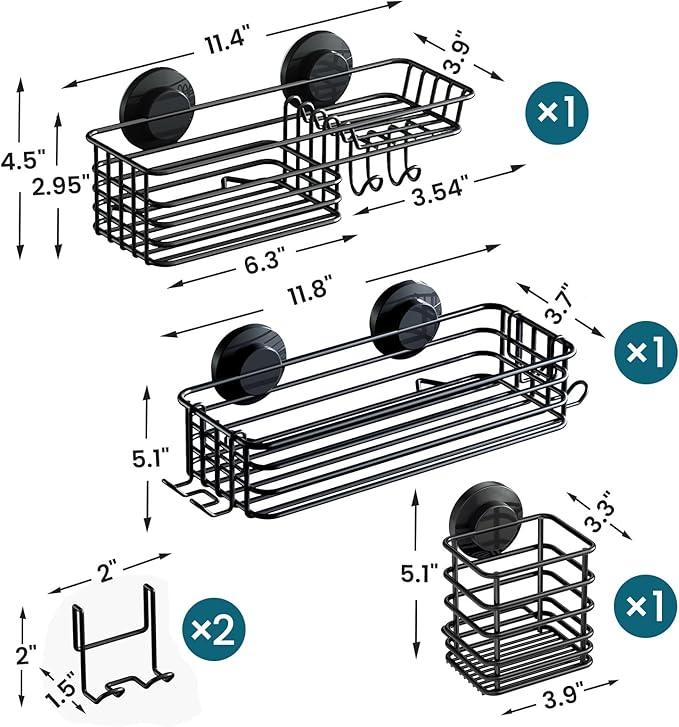 TAILI Shower Caddy Suction Cup, 3 Pack Shelves for Inside with Hooks & Soap holder Toothbrush Cups, Removable Bathroom Organizer, Rustproof Black Holder Storage-Black - ModernBath