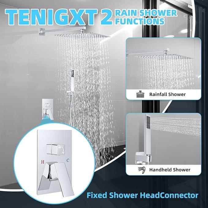 TENIGXT Bathroom Shower Faucet Set，10 Inch Rain Shower Head with Handheld Spray，Brass Shower Valve Trim Kit，Wall Mounted Square Rain Shower System (Chrome) - ModernBath