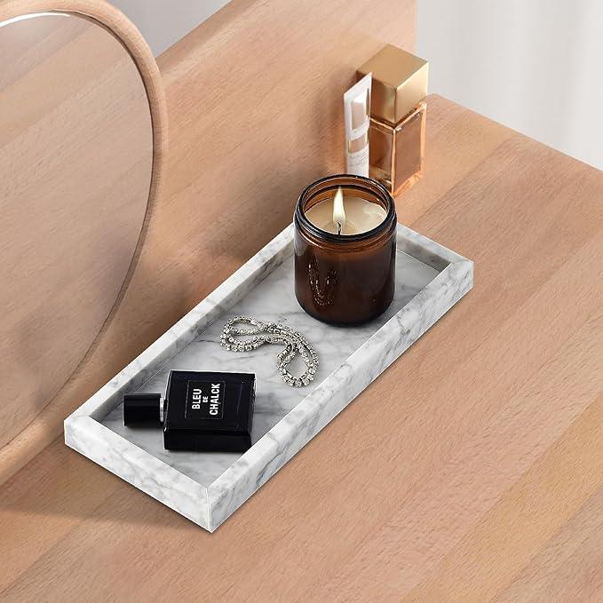 Real Natural Small Marble Tray for Bathroom, Vanity, Kitchen and Desktop, Rectangle Genuine Marble Stone Tray for Jewelry, Cosmetics, Candles, Lotion, Perfume and Home Decor (White, 12" x 5" x 1.2") - ModernBath