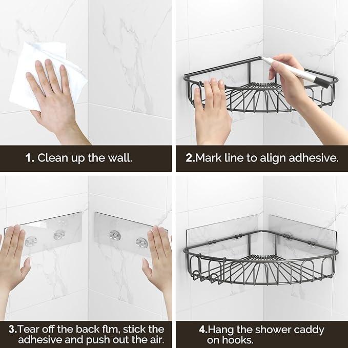 Orimade Corner Shower Caddy with 2 Hooks Wall Mounted Metal Bathroom Shelf Storage Organizer Adhesive No Drilling 2 Pack, Grey Only for 90-Degree Corner - ModernBath