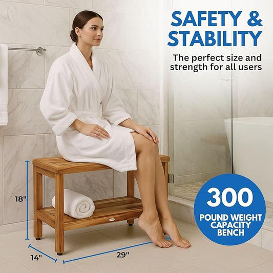 EcoDecors Eleganto 30 Inch Natural Color Waterproof Teak Wood Shower Bench Stool Seat Chair For Inside Shower Provides Safety, Storage, and Organization For Bathroom Accessories - ModernBath