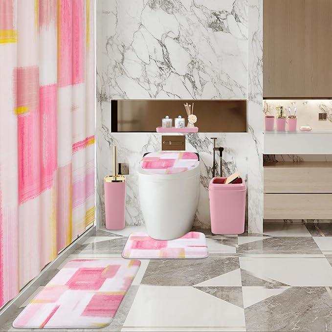XLHOMO Bathroom Set - Pink and Gold Bathroom Accessories Set, Bathroom Sets with Shower Curtain and Rugs, Pink Shower Curtain Set with Bathroom Trash Can, Soap Dispenser, Soap Dish for Home Decor - ModernBath