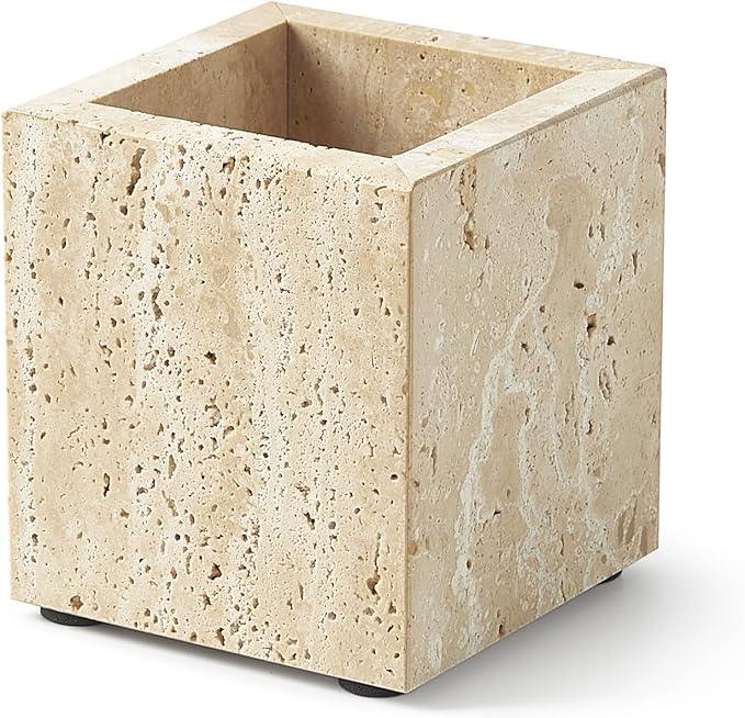 Real Natural Travertine Marble Toothbrush Holder & Pen Holder & Makeup Brush Holder & Utensil Holder, Genuine Stone Rectangular Bathroom Tumbler Cup, Durable Office & Home Countertop Organizer - ModernBath
