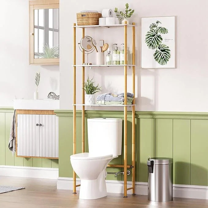 AmazerBath Bamboo Over The Toilet Storage Shelf, Bathroom Storage Organizer Rack, 3-Tier Bathroom Shelves Space Saver, White and Natural Color - ModernBath