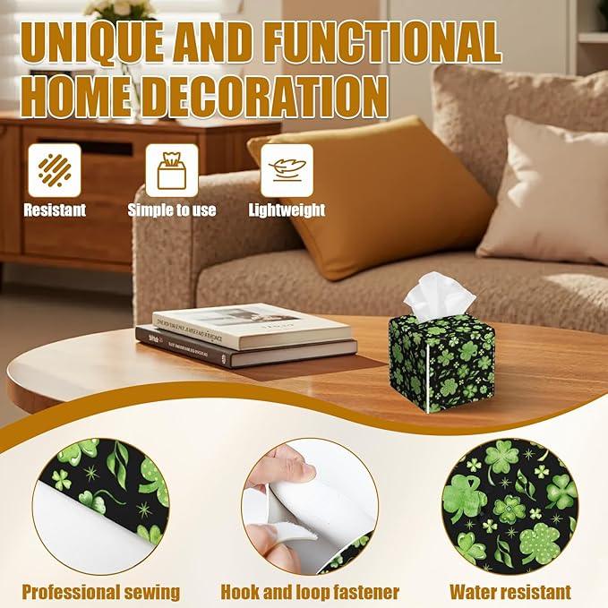 Green Clover Shamrock Tissue Box Cover 2PCS, St.Patrick's Leather Tissue Box Holder Square Facial Paper Case Tissue Box Cube Organizer for Bathroom Bedroom Desk Office - ModernBath