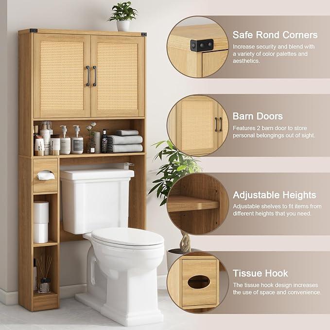 Vabches Over The Toilet Storage Cabinet, Farmhouse Rattan Storage Cabinet Over Toilet with 2 Rattan Barn Doors & Home Space-Saving Toilet Rack, for Bathroom, Restroom, Laundry - ModernBath