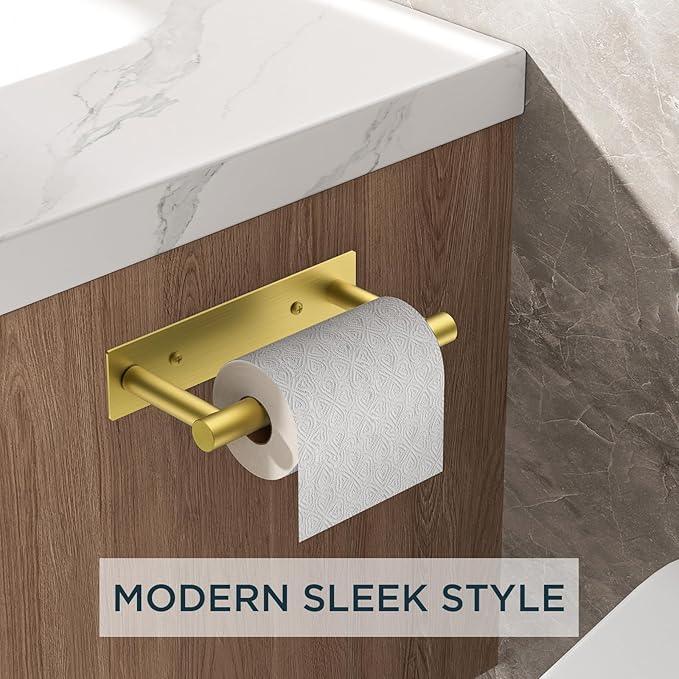 FORIOUS Toilet Paper Holder, Adhesive or Wall Mounted Options, Stainless Steel Rustproof Stick on no Drilling Double Post Pivoting Toilet Tissue Roll Holder Wall Mount for Bathroom, Brushed Gold - ModernBath