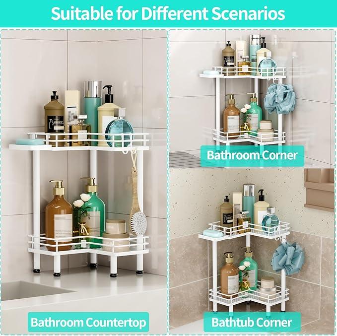 HapiRm Corner Shower Caddy Standing - 2 Tier Shower Organizer Corner with Soap Holder, Rustproof Bathroom Standing Organizer with 2 Hooks, White - ModernBath