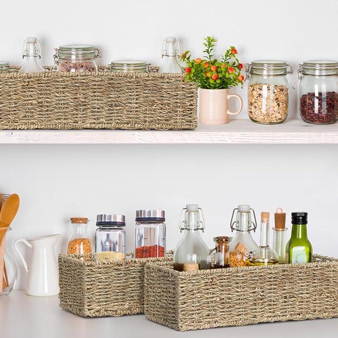 [2-Pack] Seagrass Storage Baskets, Rectangle Wicker Containers, Wicker Toilet Basket Tank Topper, Handwoven Natural Storage Baskets for Shelves, Bathroom, Bedroom (16" x 6.5" x 4.3") - ModernBath