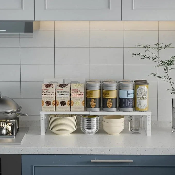 Expandable Cabinet Shelf Organizer Storage Spice Rack Shelves for Kitchen Stackable Adjustable Pantry Cupboard Bathroom Countertop Desktop(1Pack/White/Medium-with Hole) - ModernBath