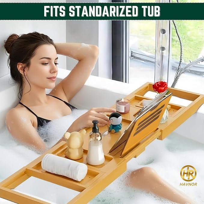 Bamboo Bathtub Caddy Tray Expandable & Foldable Bath Shelf with Book, Tablet & Wine Holder Adjustable Wooden Bath Tray for Relaxing Spa at Home – Fits Most Tub Sizes. - ModernBath