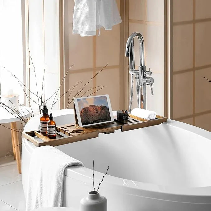 Realgulf Bamboo Bathtub Tray Caddy - Splash-Proof Adjustable (28.5-40") with Wine Holder, Tablet Stand & Non-Slip Grip | Spa-Grade Organizer for Bath Essentials & Reading- Walnut - ModernBath