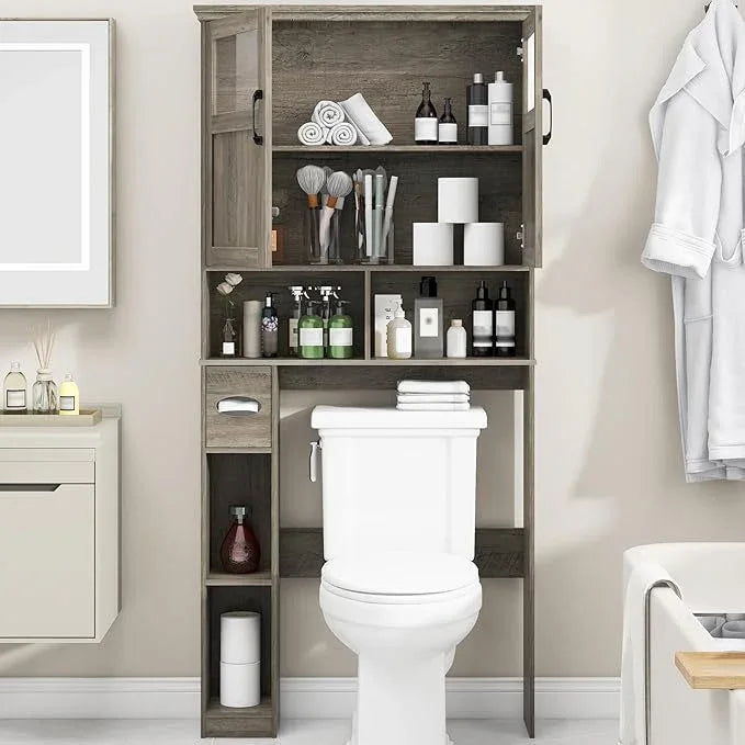 Vabches Over-The-Toilet Storage Cabinet with Double Doors, Toilet Paper Holder Stand & Adjustable Shelf, Freestanding Space Saver, Grey - ModernBath