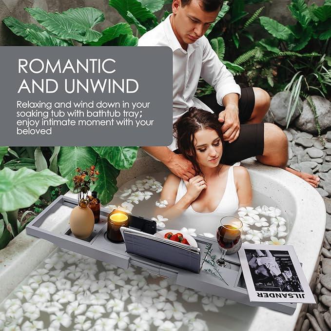 Foldable Bathtub Caddy Tray, Bamboo Bath Tub Tray Table for Tub with Wine Glass Holder Book Phone Tablet Holder with Extending Sides, Adjustable Bathroom Bathtub Free Soap Holder Gift Idea (Grey) - ModernBath