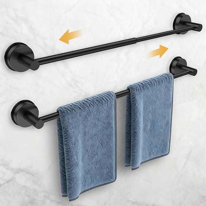 14.6inch~24inch Towel Racks for Bathroom,Adjustable Suction Cup Towel Bar for Bathroom Wall,Stainless Steel Bath Towel Holder for Shower,2 Pack(Matte Black) - ModernBath
