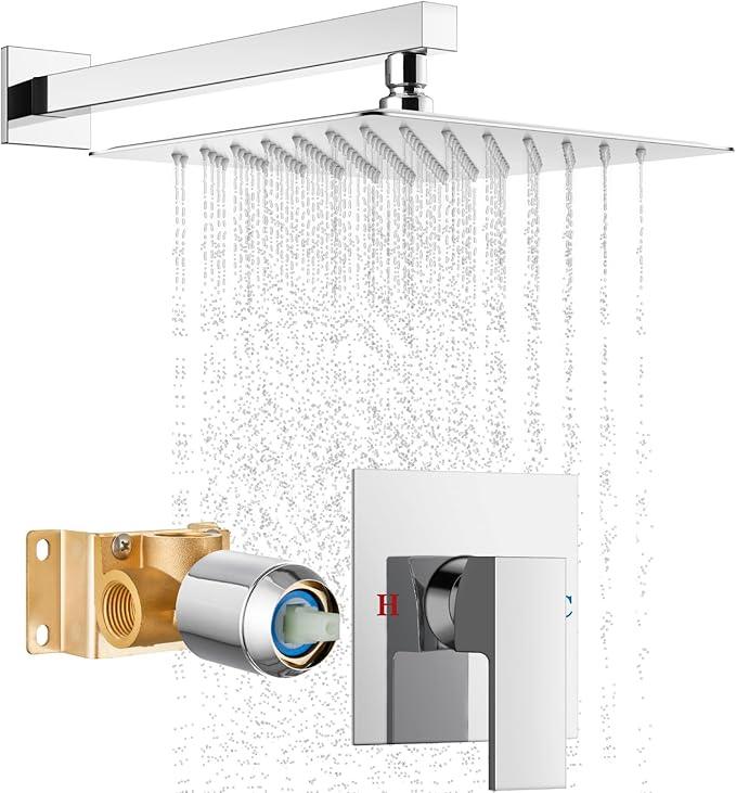Cinwiny Shower Faucet Set,Shower Head and Handle Set with Valve,Single Handle,Wall Mount 12 Inch Showerhead for Modern Bathroom,Polished Chrome - ModernBath