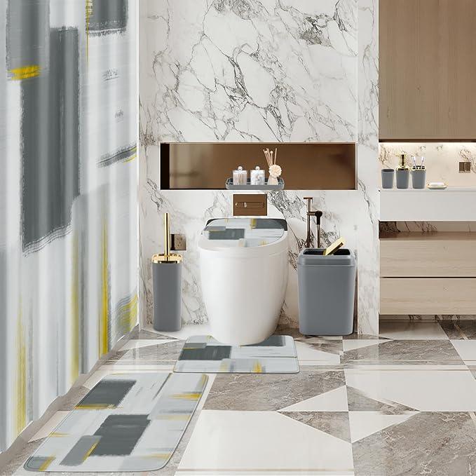 XLHOMO Bathroom Set - Grey and Gold Bathroom Accessories Set, Bathroom Sets with Shower Curtain and Rugs, Grey Shower Curtain Set with Bathroom Trash Can, Soap Dispenser, Soap Dish for Home Decor - ModernBath