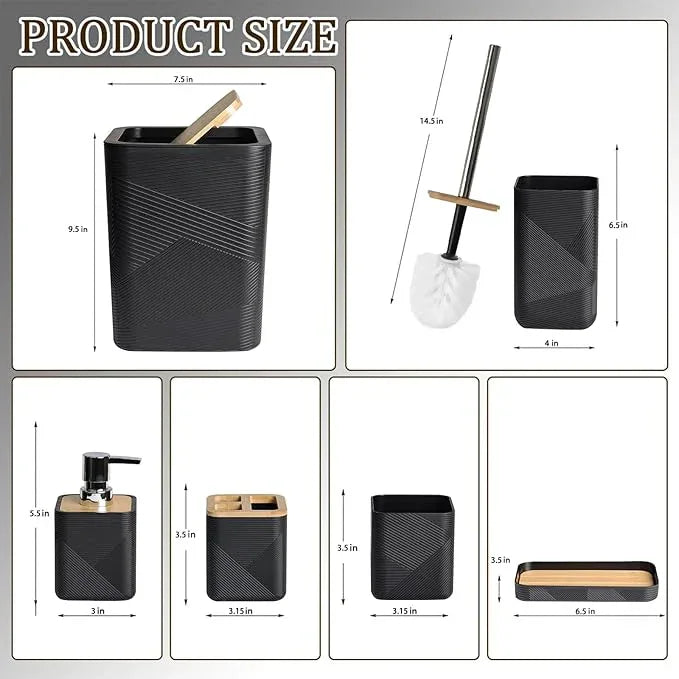 CERBIOR Bathroom Accessories Set 6 Piece Bamboo Bath Ensemble Includes Soap Dispenser, Toothbrush Holder, Toothbrush Cup, Soap Dish for Decorative Countertop and Housewarming Gift (Black) - ModernBath