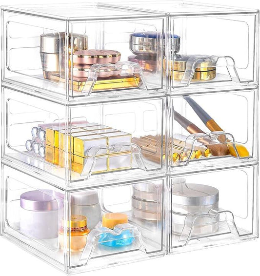 Stebopum 6 Pack Stackable Makeup Organizer, 4.4'' Tall Acrylic Bathroom Makeup Organizer and Storage Drawer with Pull-out Handle, Clear Plastic Storage Bins for Vanity,Pantry,Desk,Undersink,Kitchen - ModernBath