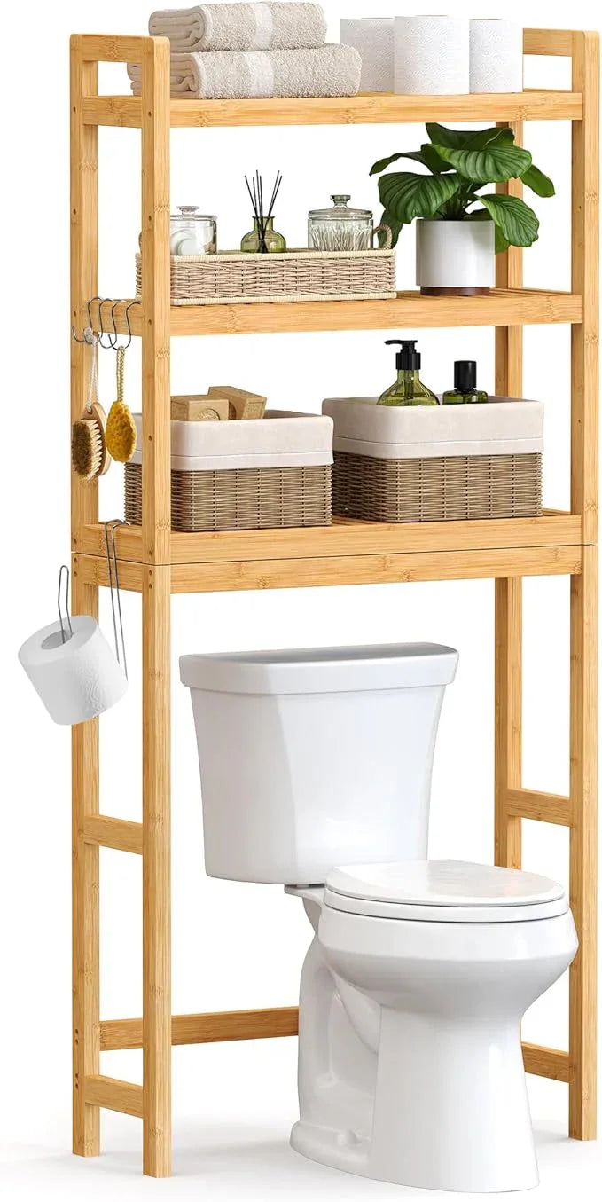 SONGMICS Over The Toilet Storage, 3-Tier Over Toilet Bathroom Organizer with Adjustable Shelf, 10.2 x 24.8 x 66.9 Inches, Space-Saving, Natural Beige UBTS001N01 - ModernBath
