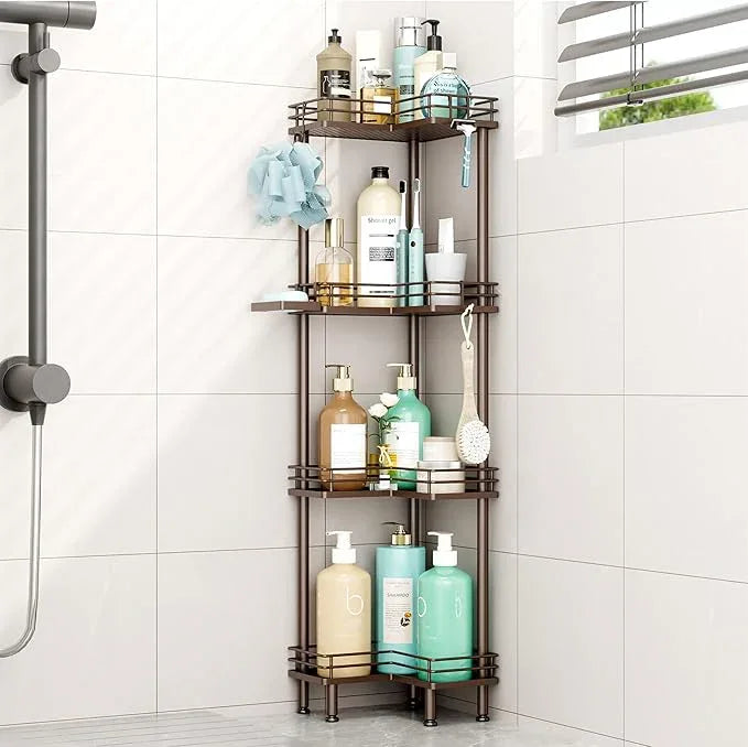 HapiRm Corner Shower Caddy Organizer - 4 Tier Shower Shelf Corner with Soap Holder, Rustproof Bathroom Standing Organizer with 4 Hooks, Bronze - ModernBath