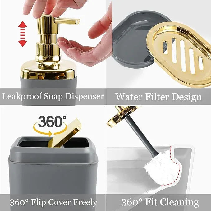 XLHOMO Bathroom Set - Grey and Gold Bathroom Accessories Set, Bathroom Sets with Shower Curtain and Rugs, Grey Shower Curtain Set with Bathroom Trash Can, Soap Dispenser, Soap Dish for Home Decor - ModernBath