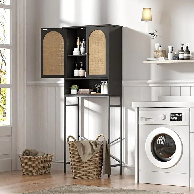 Rattan Toilet Storage Cabinet, Over The Rack Wood Cabinet with Metal Stand, Bathroom Organizer with Adjustable Shelf, Tall Freestanding Washer Shelf, Small Cupboard, Black - ModernBath