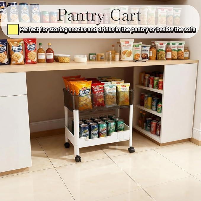 2 Tier Rolling Cart with Wheels for Under Desk Storage, Heavy Duty Plastic Short Small Utility Cart for Small Space Pantry Room Kitchen Laundry Bathroom, 4.7'' Deep Baskets for Tall Bottles - ModernBath