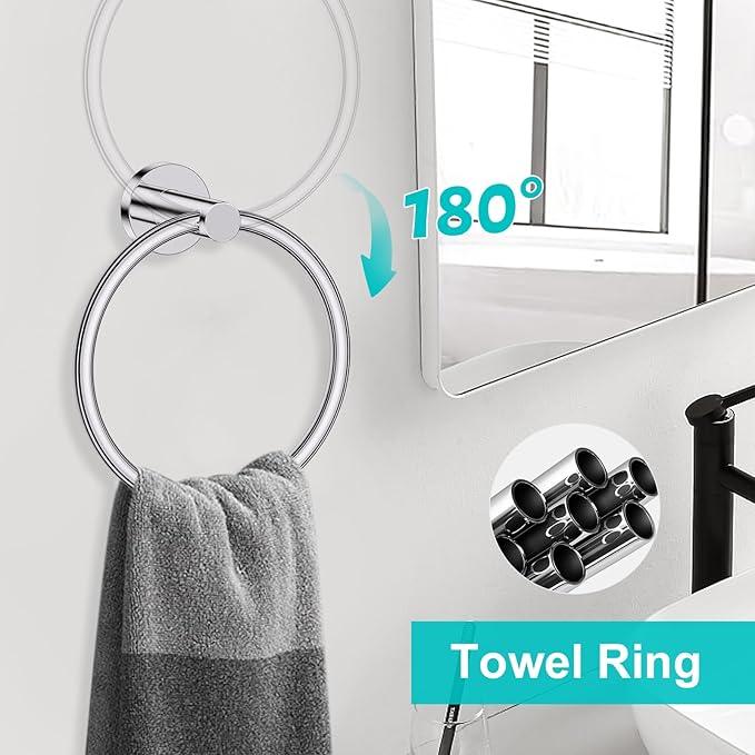 5 Pieces Polished Chrome Round Towel Bar Set Bathroom Hardware Accessories Set Upgraded Toilet Paper Holder Towel Racks Set for Bathroom Stainless Steel Wall Mounted 23.6 in - ModernBath