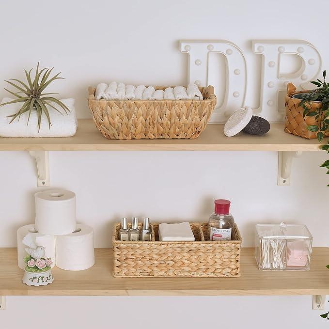 StorageWorks Wicker Basket Tank Topper, Wicker Storage Basket for Shelves, Toilet Paper Basket for Back of Toilet Tank Top, 3-Section Water Hyacinth Storage Baskets, 2-Pack - ModernBath