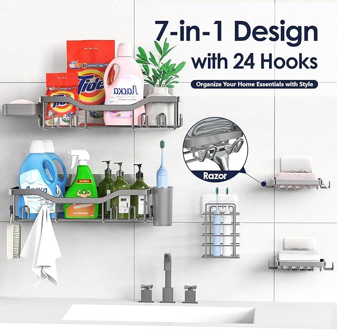 Shower Caddy Adhesive Shower Organizer 7-Pack, Rustproof Stainless Steel Bathroom Shelves, Large Capacity No-Drill Rack Storage Accessories with Soap Dish Toothbrush Holder Hooks (Gray) - ModernBath