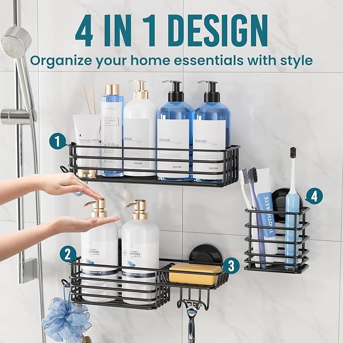 TAILI Shower Caddy Suction Cup, 3 Pack Shelves for Inside with Hooks & Soap holder Toothbrush Cups, Removable Bathroom Organizer, Rustproof Black Holder Storage-Black - ModernBath