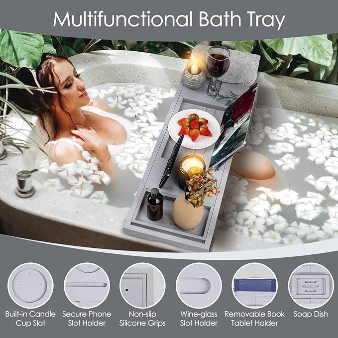 Foldable Bathtub Caddy Tray, Bamboo Bath Tub Tray Table for Tub with Wine Glass Holder Book Phone Tablet Holder with Extending Sides, Adjustable Bathroom Bathtub Free Soap Holder Gift Idea (Grey) - ModernBath