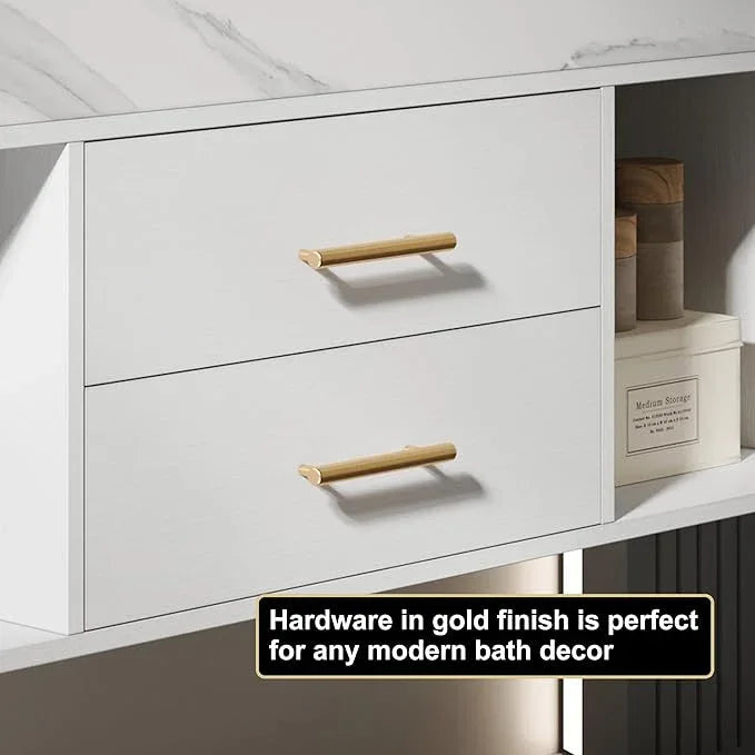 homary 35.4" Floating Bathroom Vanity Set, Modern Wall-Mounted Vanity Bathroom Medicine Cabinet with Sintered Stone Countertop, Undermount Sink & White, 2 Open Storage Shelves - ModernBath