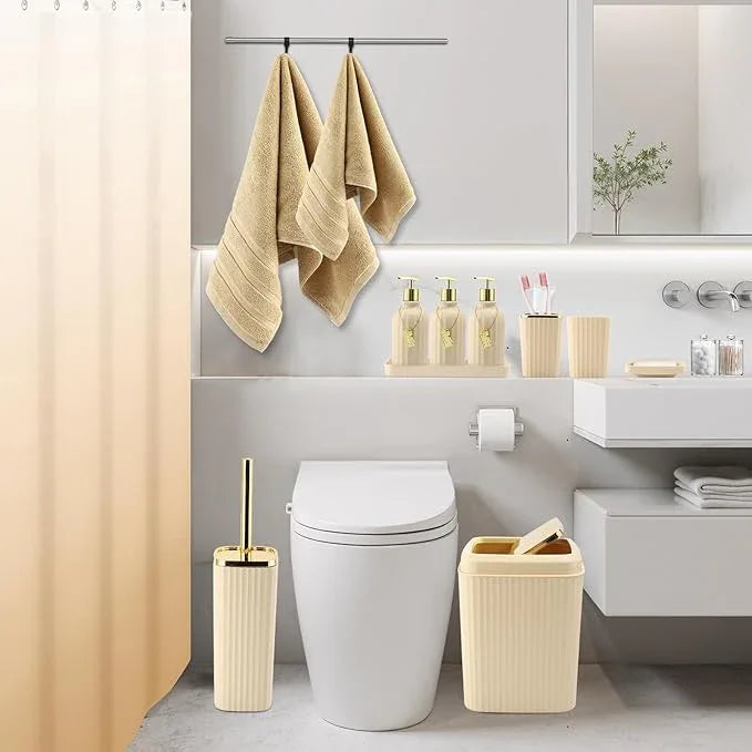 WSBArt 32PCS Bathroom Accessories Set Bathroom Set,Beige Shower Curtain Set,Bath Towel Set,Hand Towel,Toilet Brush,Trash Can & 3PCS Soap Dispenser - ModernBath