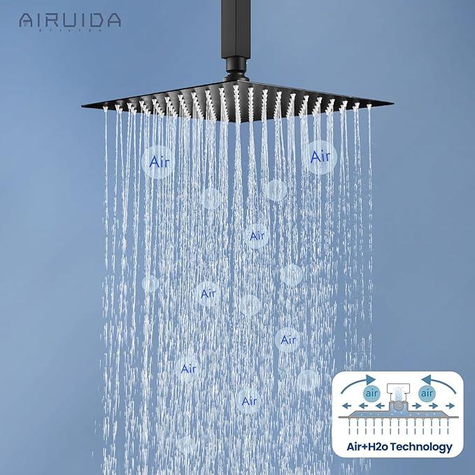 Airuida Shower Faucet Set and Handle Set Single Function Shower Trim Kit Ceiling Mount Rainfall Shower System with Male Threads and Rough-in Valve 10 Inch Square Shower Head Matte Black - ModernBath