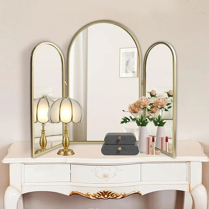 BAODANFU Trifold Vanity Mirrors 3 Way, 30 x 37in Adjustable Vanity Mirrors for Bathroom, Bedroom, Champaign Golden Arch Mirrors Wall Mounted Decoration, Braiding Hair, Makeup 360° Way - ModernBath