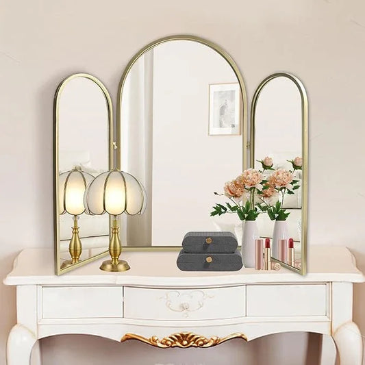 BAODANFU Trifold Vanity Mirrors 3 Way, 30 x 37in Adjustable Vanity Mirrors for Bathroom, Bedroom, Champaign Golden Arch Mirrors Wall Mounted Decoration, Braiding Hair, Makeup 360° Way - ModernBath