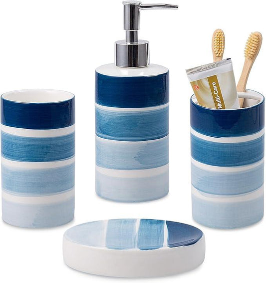 Bathroom Accessories Set, 4-Piece Blue Ceramic Bathroom Decorations Accessories Set, Contain Toothbrush Cup, Soap Dispenser, Soap Dish, Tumbler - ModernBath